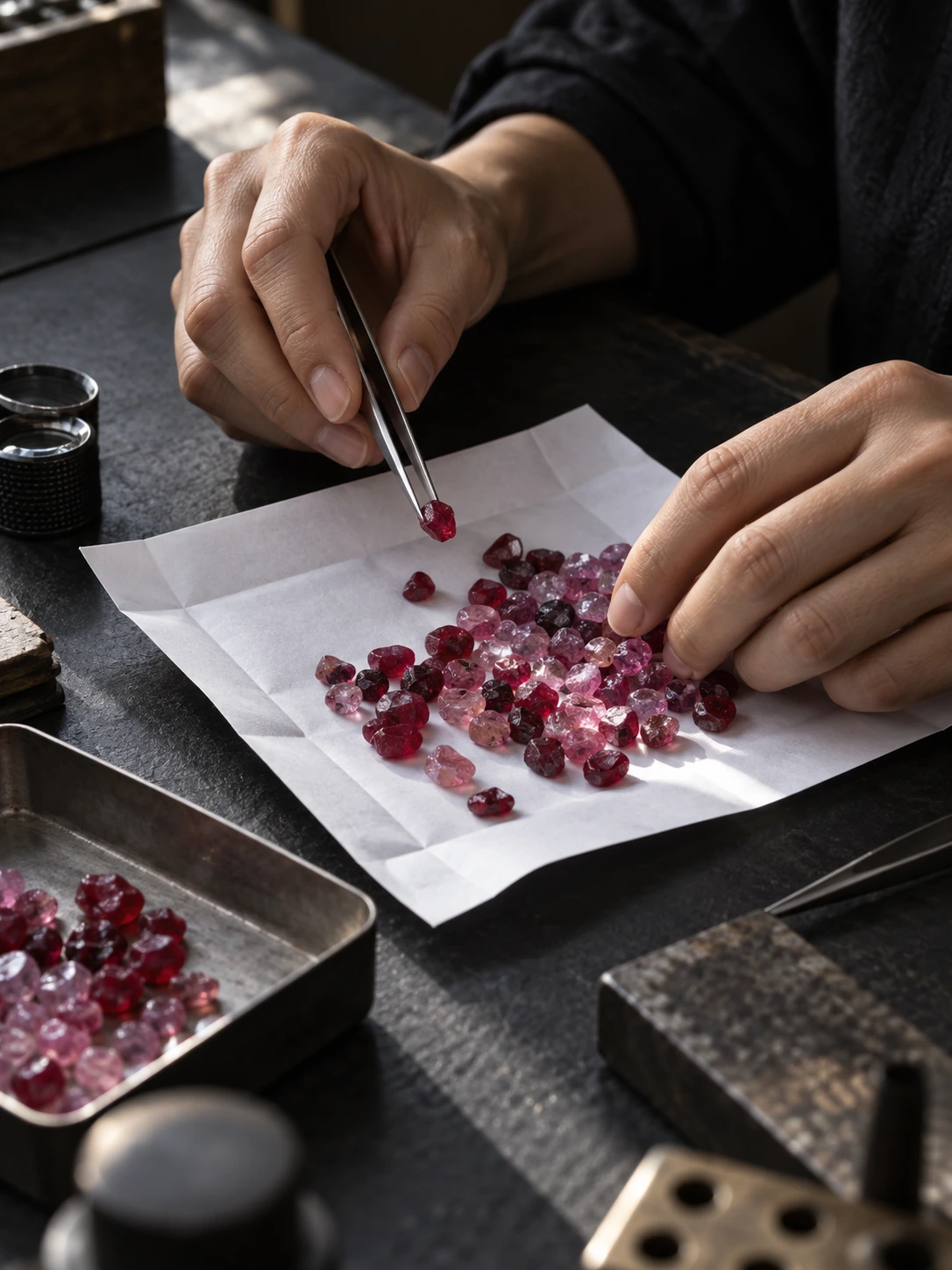 Illustration of rough gemstones being sorted