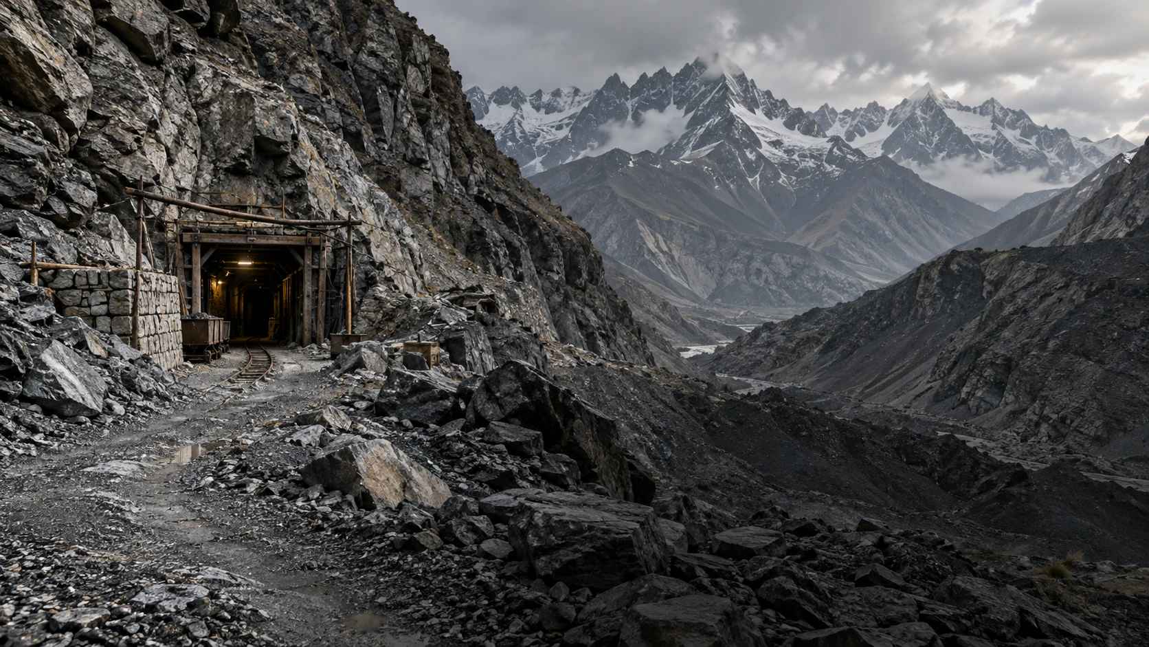Concept illustration of a mountain gemstone mine entrance, with slate-grey rock and distant peaks